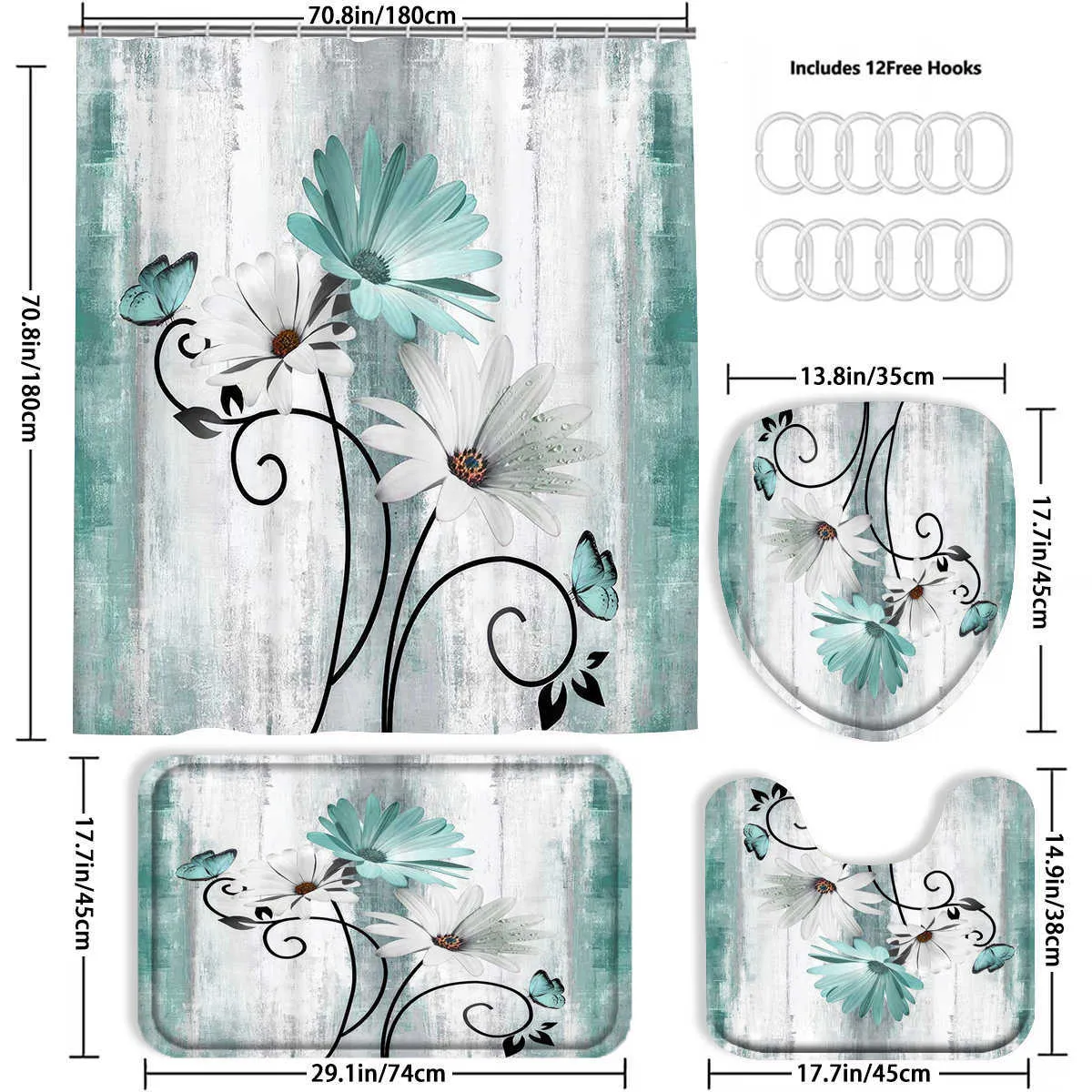 Shower 70.8x70.8in Flower Shower Curtain Gift Modern Home Bathroom Decor Toilet Floor Mat Three-Piece Set With