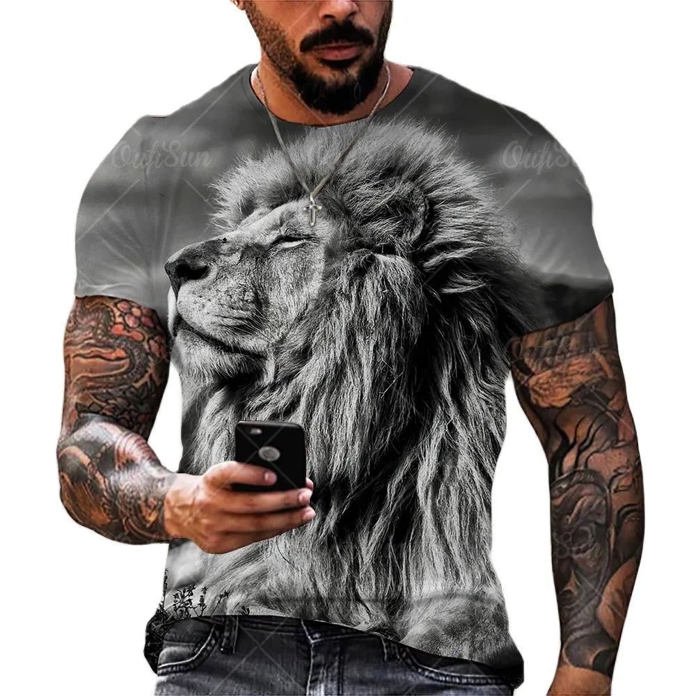 Camiseta masculina Moda Verão Impressão 3D Top Clássico Padrão Leão e Tigre Padrão Top Street Personalidade Extra Grande Manga Curtav