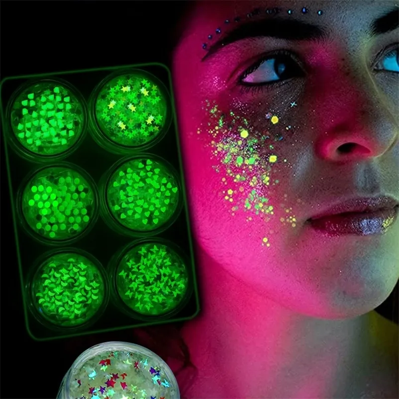 Body Glitter Festival Night Glow Makeup Luminous Body Face Eye Glitter Sequin Gel Cream Nail Art Big paljetter Shimmer Diamond Body Glitters 230718