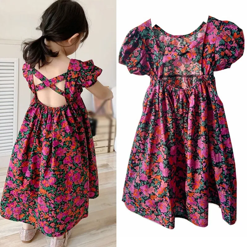 Girl Dress Princess Fairy Floral Backless Casual Sundress Holiday Beach Party Wedding Dress Children Summer Clothing New Style