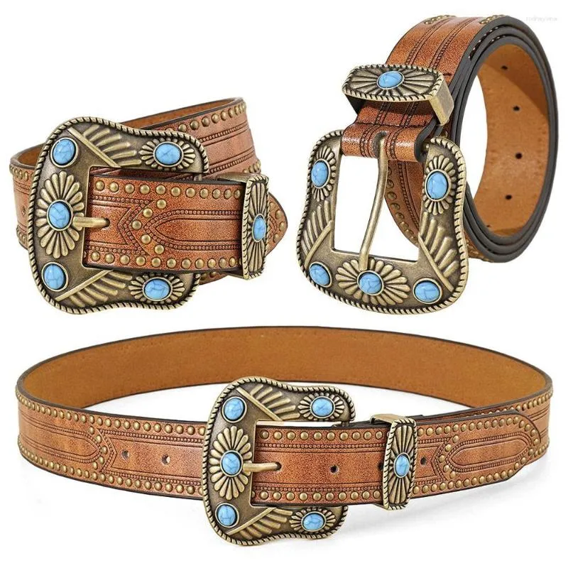 Belts Turquoise Decor Buckle Western PU Leather Bohemian Cowgirl Cowboy Country Floral Engraved Belt Women