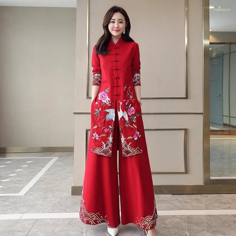 Ethnic Clothing Chinese Vintage Robe Women's Hanfu Midi Traditional Costume Pants Set Tang Suit