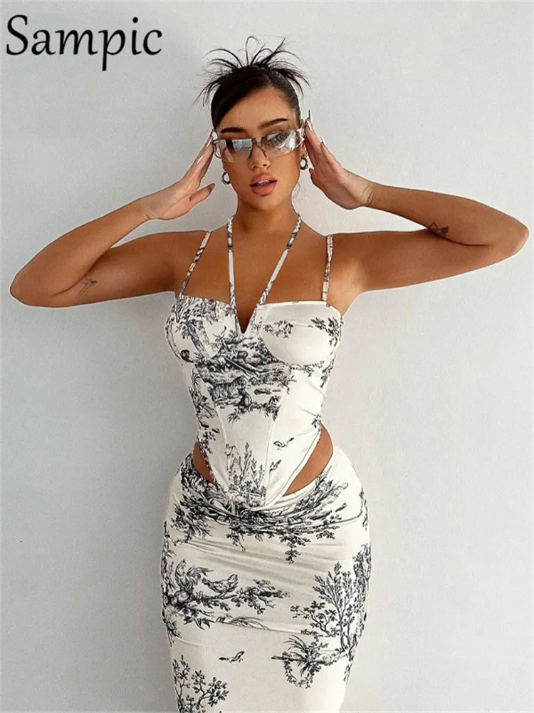 Tweedelige Jurk Sampic Vrouwen Rok Pak Sexy Halter Y2K Print Corset Crop Tops En Wrap Hoge Taille Midi Set zomer Outfits 230718