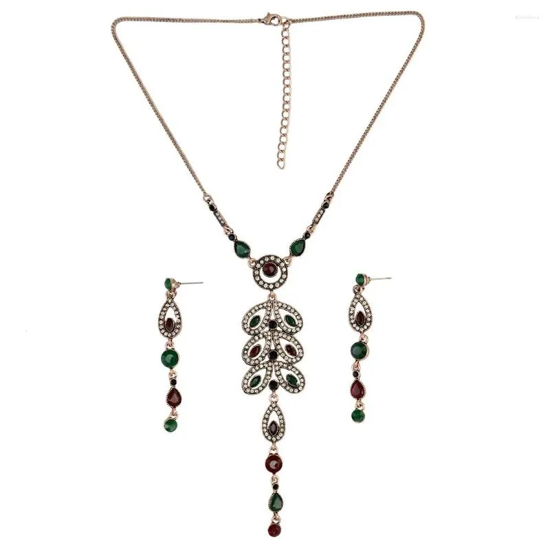 Ketting Oorbellen Set Boheemse Vintage Etnische Bladvorm Choker Kristal Strass Hars Kwastje Kettingen Voor Vrouwen Sieraden