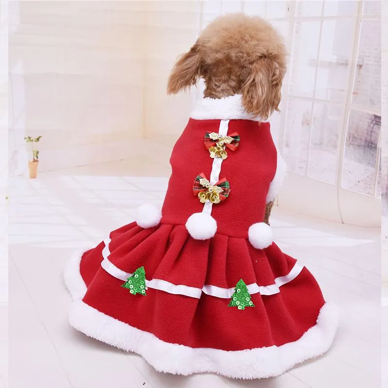 Vêtements pour chiens vente en gros rouge polaire filles Costume robe de noël jupe chaude vêtements automne hiver tissu pour animaux de compagnie avec