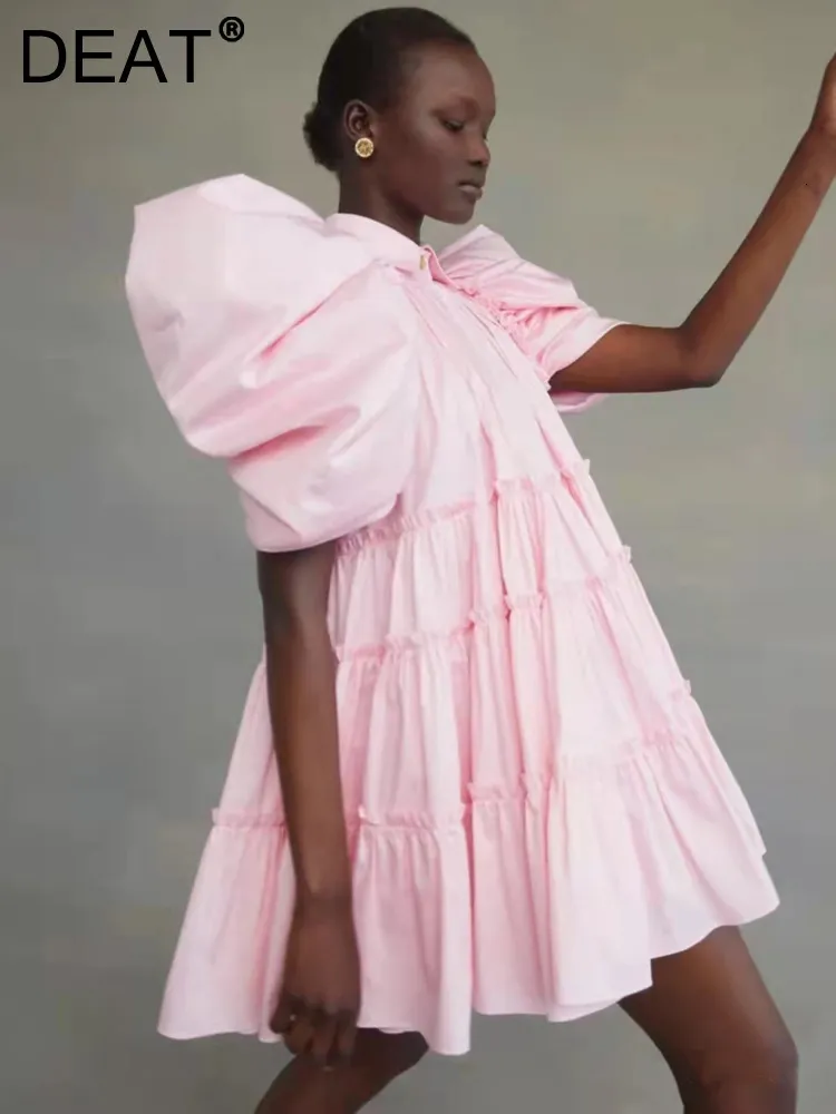Grundläggande casual klänningar DEAT Fashion Women's Dress Lapel Puff Sleeves Pleated Single Breasted Quality A Line Shirt Female Summer 2023 WV329 230718