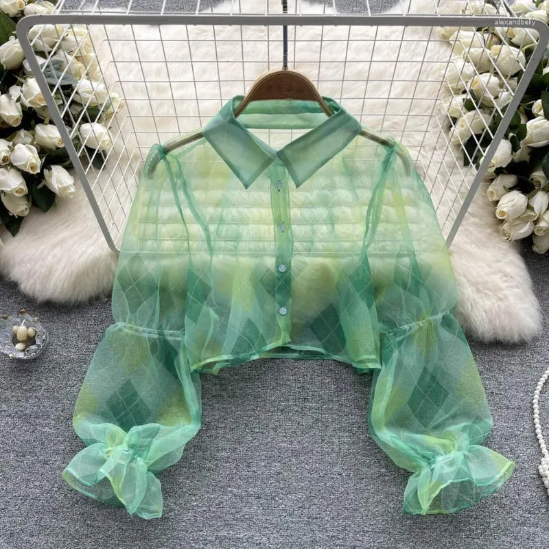 Chemisiers pour femmes Hikigawa Chic Fashion Femmes Argyle Plaid Chemises à manches longues Summer Suncreen Thin Mesh Y2k Blouse Turn Down Colllar Tops