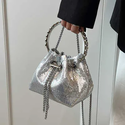 Luxury Designer Purses and Handbags Bags for Women Silver Bucket Clutch Purse Evening Banquet Bag Female Sequins Shoulder Bag