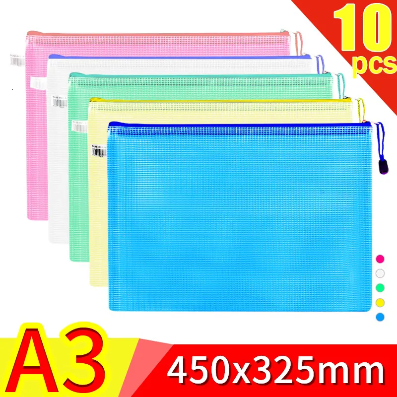 Suministros de archivo A3 10 piezas Bolsa de malla con cremallera Bolsa de documentos Carpeta de archivos con cremallera impermeable Material de oficina escolar Estuche de lápices Bolsas de almacenamiento de papel de dibujo 230719