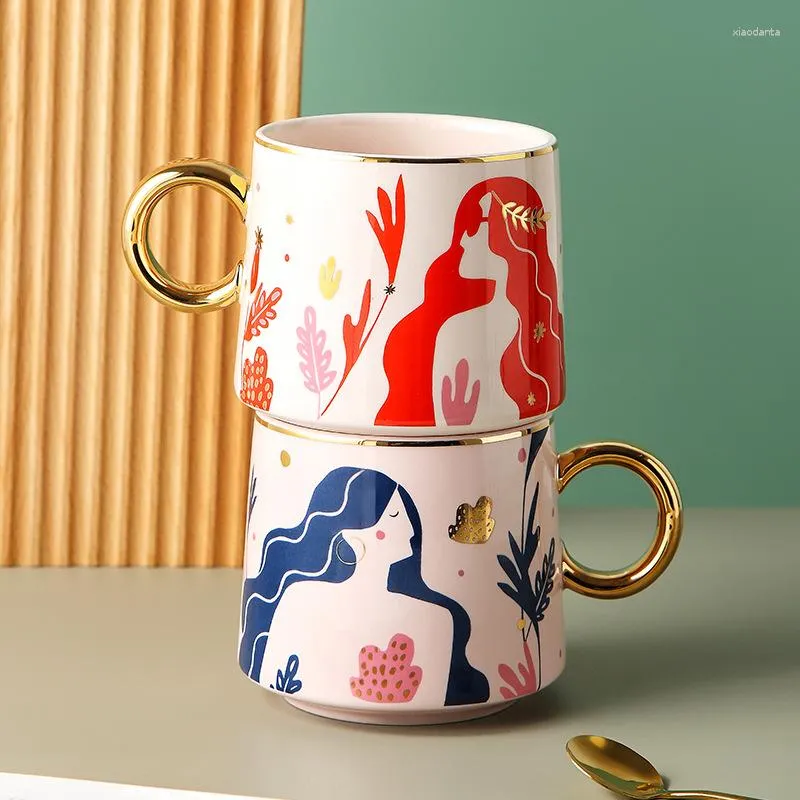 Tasses De Luxe Léger Et De Haute Valeur Ins Style Tasse En Céramique Avec Or Abstrait Café Couple Tasse Bureau Maison Rouge