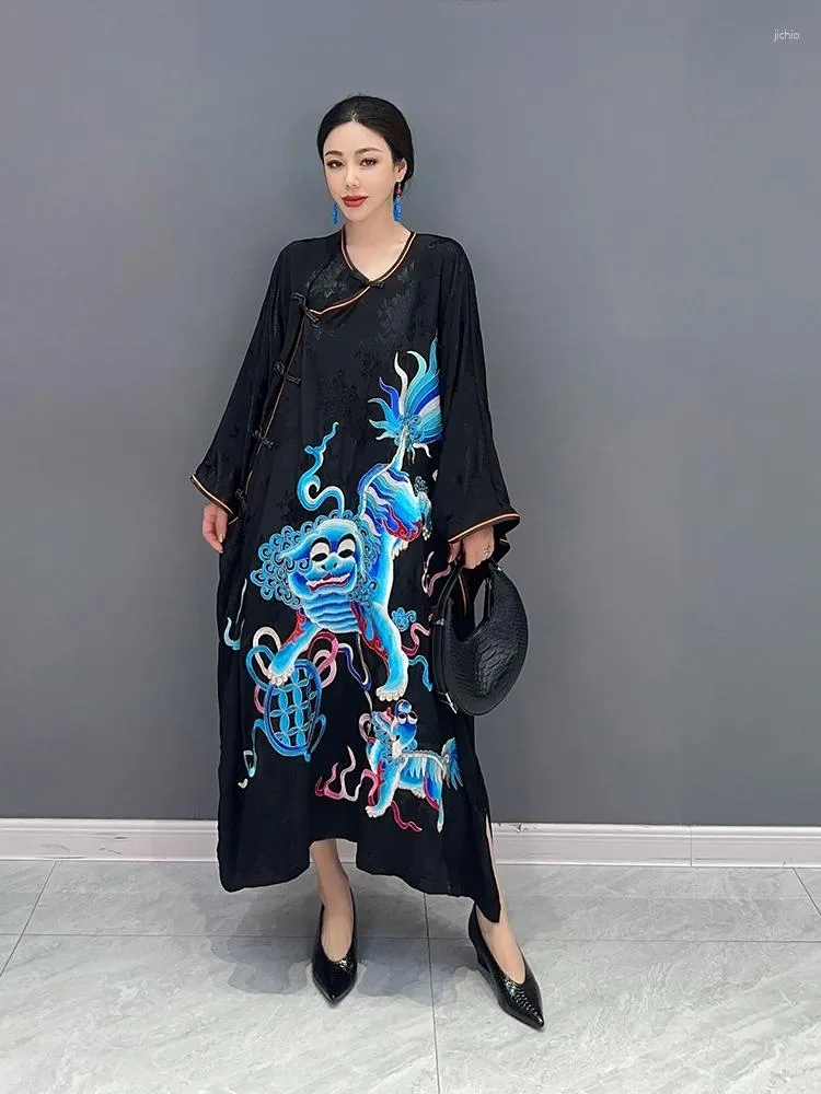 Casual Dresses SuperAen 2024 Summer Chinese Style Button Bat Sleeve Loose Dress Printed Fashion Womens Oversize