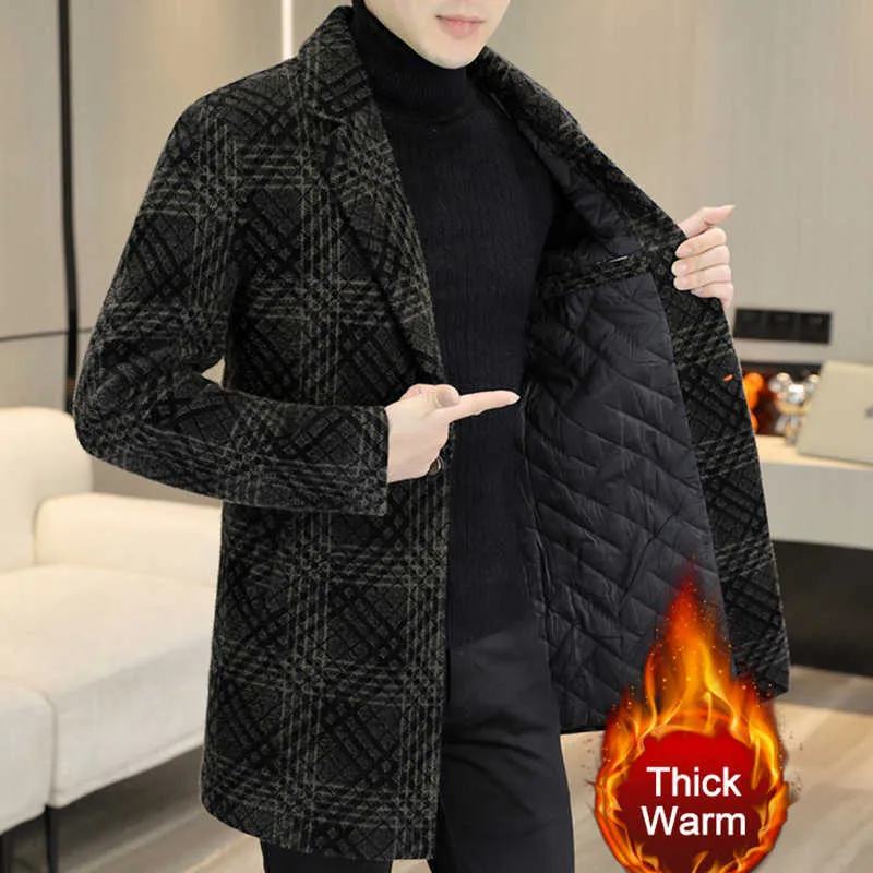 Men s Wool Blends British Plaid Mens Wool Trench Coat Winter Thickening Men s Woollen Windbreaker Single Breasted Long Jacket Abrigo Largo Hombre