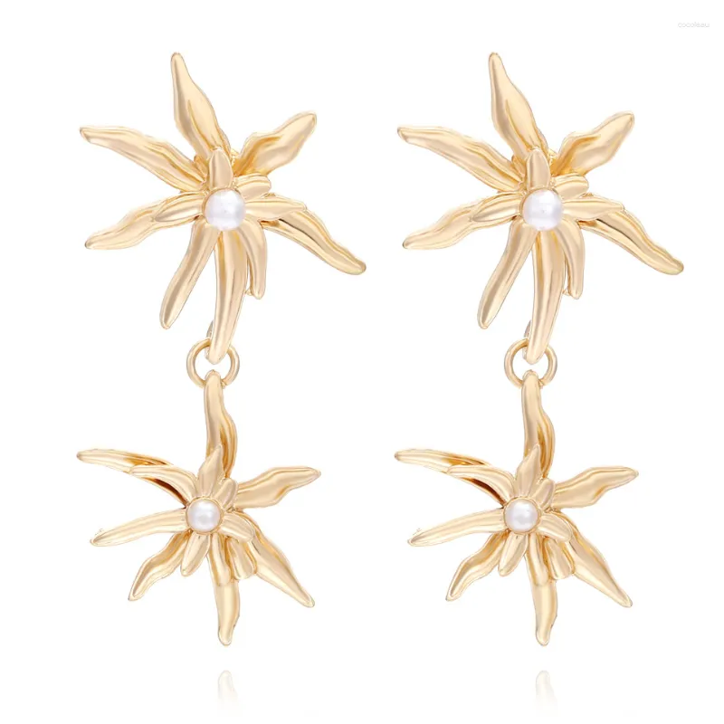 Boucles d'Oreilles Pendantes Antique Doré Doux Perle Fleur