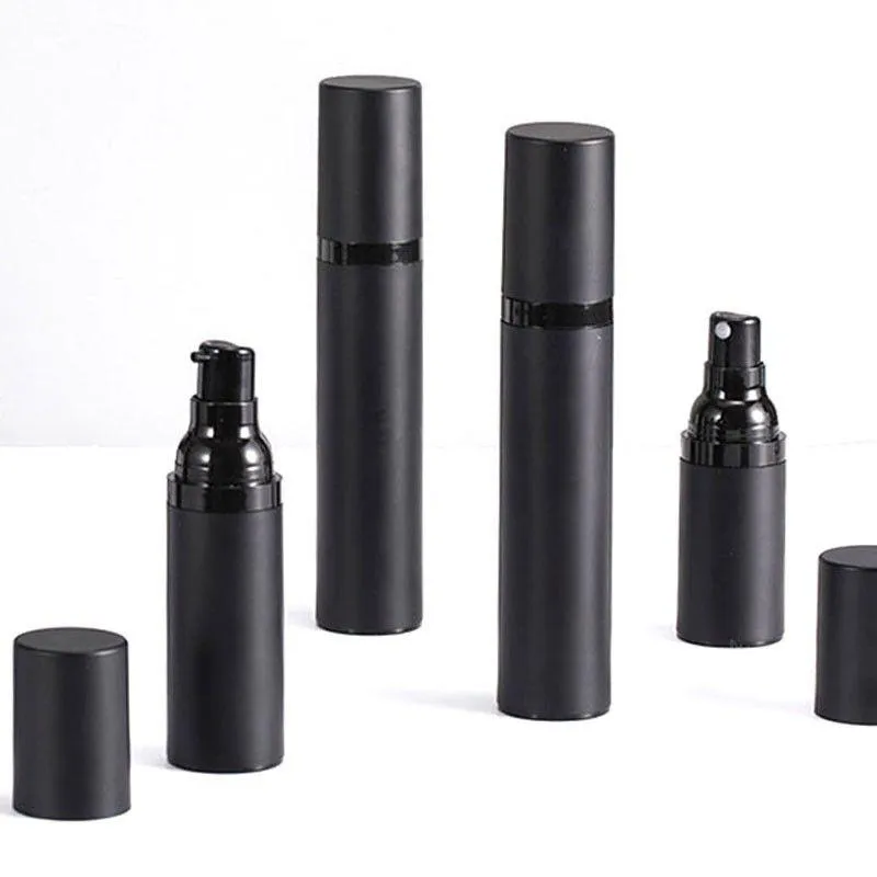 flacone pompa per lozione cosmetica senz'aria in plastica opaca vuota di lusso nero 15 ml 30 ml 50 ml Suhdl