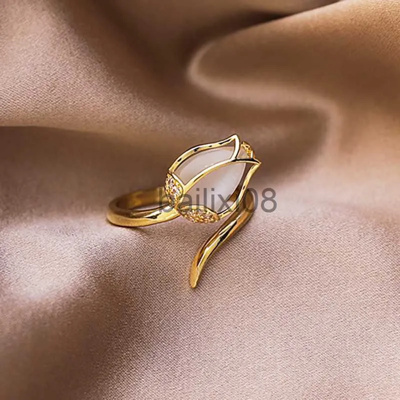 Band Rings New Luxury Rose Flower leaf Adjustable Finger Wedding Rings for Women Tulip Zircon Open Ring Glamour Jewelry Girl Gift J230719