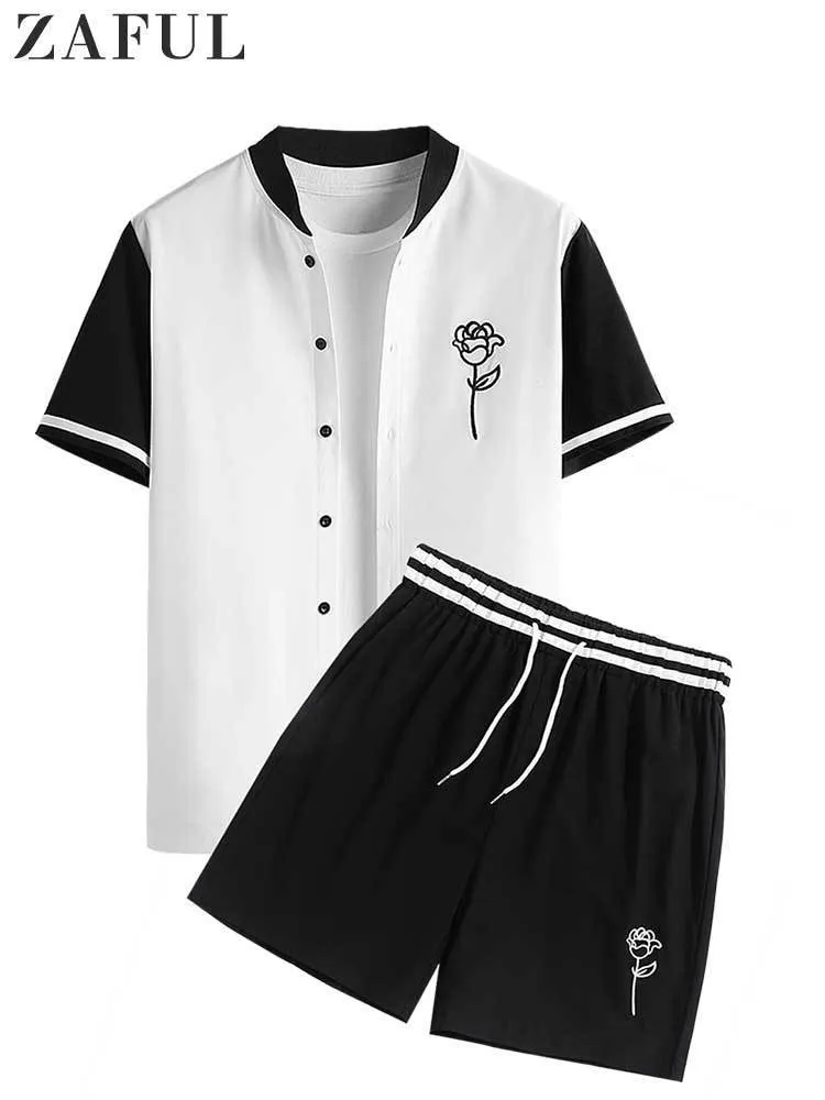 Mens Tracksuits Herr Track and Field Uniform Rose broderad kortärmad baseballskjorta Set Street Clothing Twopiece Z5090448 230718