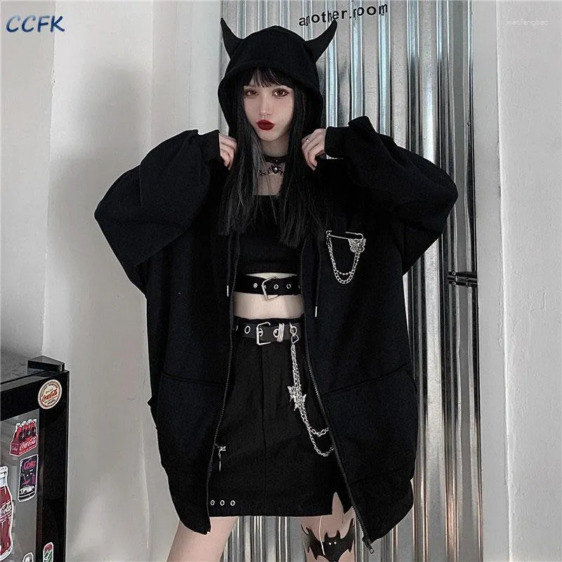 Sweats à capuche femme Emo Vêtements Femme Harajuku Punk Gothique Printemps Automne E-girl Black Devil Horn Sweat Hip-hop Grunge Streetwear Alt