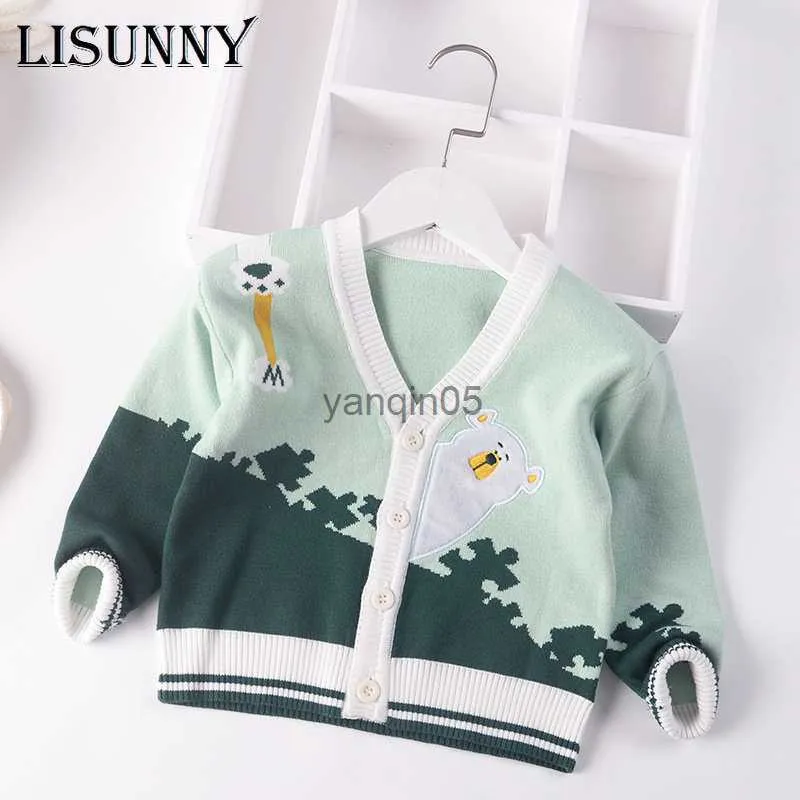 Pullover Kleinkind Baby Jungen Pullover Strickjacke Mantel 2023 Herbst Winter Jumper Kinder Pullover Kinder Stricken Kleidung Cartoon bär V-ausschnitt 2-7y HKD230719