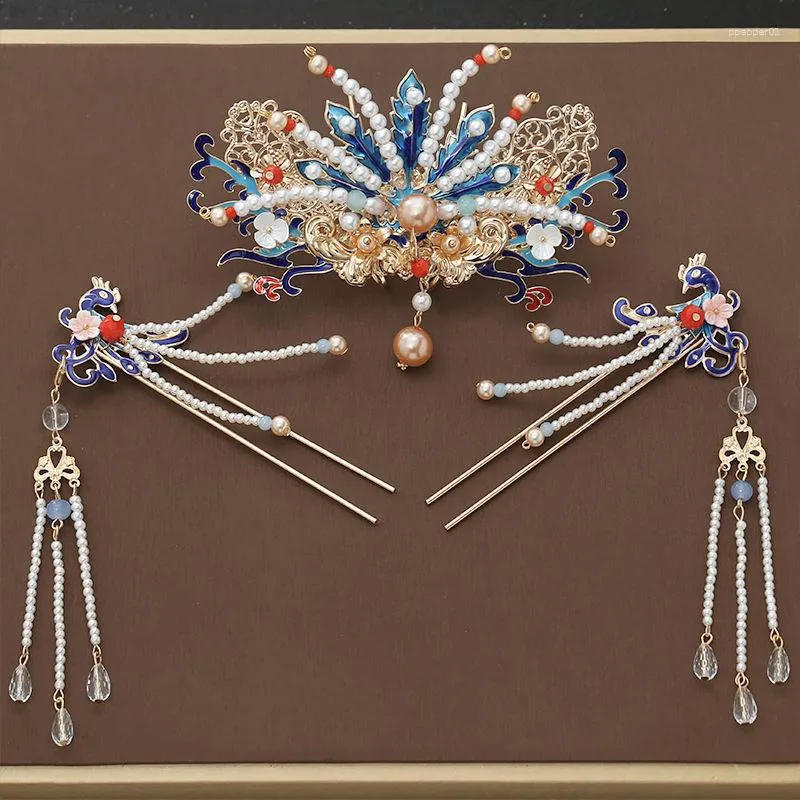 Hair Clips Women's Blue Phoenix With Long BeadsTassel Crown Set Chinese Hanfu Headdress