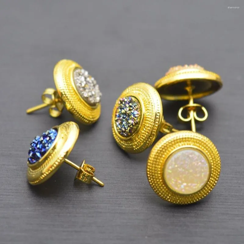 Stud Earrings Natural Crystal Plating Round Women's Unique Gold Border Jewelry Trendy For Women 2023