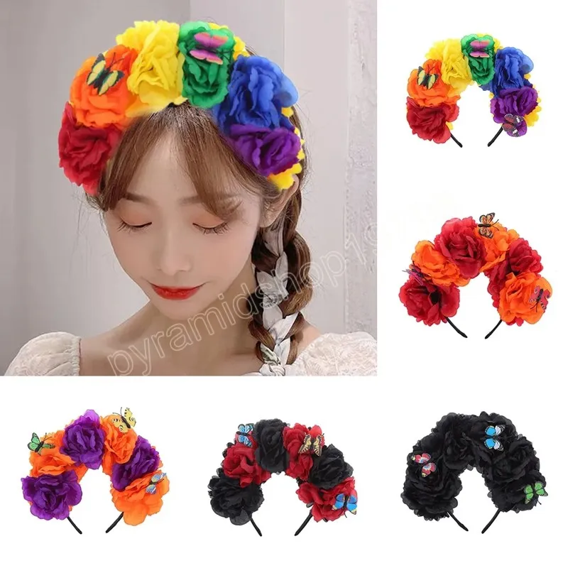 Kleurrijke Bloem Haarbanden Vlinder Haar Hoepel Feestelijke Haaraccessoires Fee Vlinder Mexicaanse Krans Halloween Bloem Hoofdband