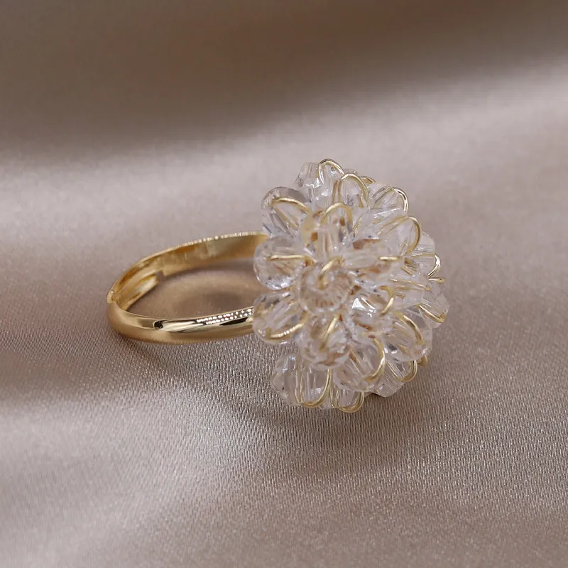 Anillo redondo de cristal blanco tejido a mano de lujo de joyería de moda de nuevo diseño de Corea anillo ajustable de apertura de fiesta de graduación elegante para mujer