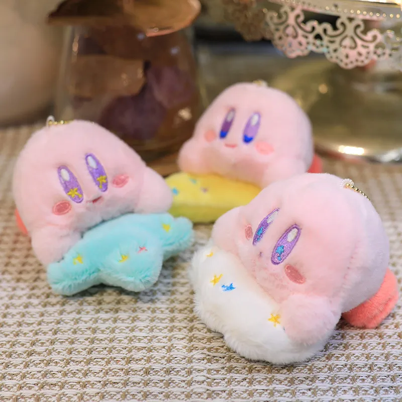 Plush Dolls Wholesale 10cm 12pcs Set Pink Kirby Kawaii Mini Anime Character Filling Plush Claw Machine Cartoon Pendant Keychain Toy Gift 230718