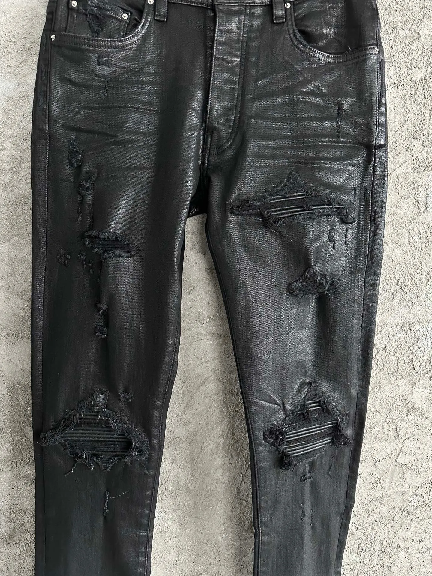 Stretchy Striped Leather Faded Black Jeans With Ribbed Patch