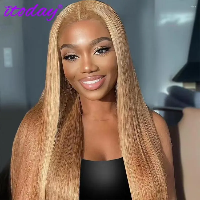 27# Honey Blonde Colored Human Hair Frontal Wigs Straight Itoday180% 13x4 HD Transparent Lace Front For Women