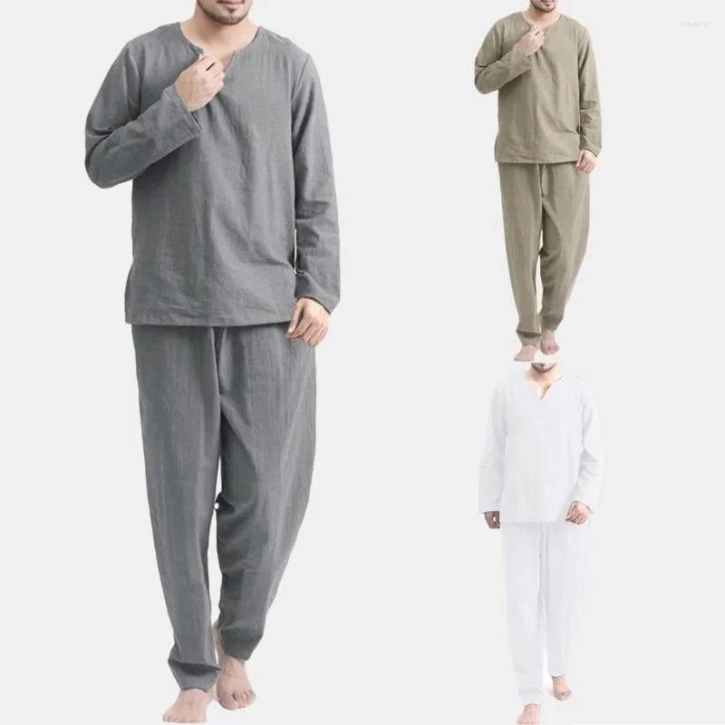 Pijamas masculinos simples casuais roupas de dormir calças compridas soltas pijamas elásticos para quarto