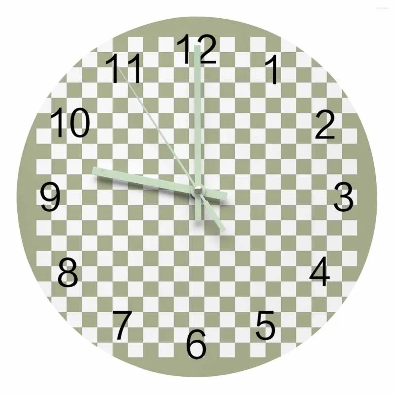 Wall Clocks Grass Green Checkerboard Luminous Pointer Clock Home Ornaments Round Silent Living Room Bedroom Office Decor