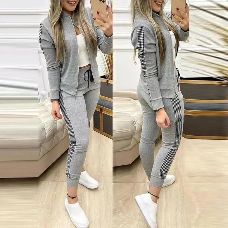 Roupas de duas peças outono inverno para mulheres Moda Lantejoulas Casaco com zíper Tops Conjunto de calças com cordão Conjunto de moletom casual SS