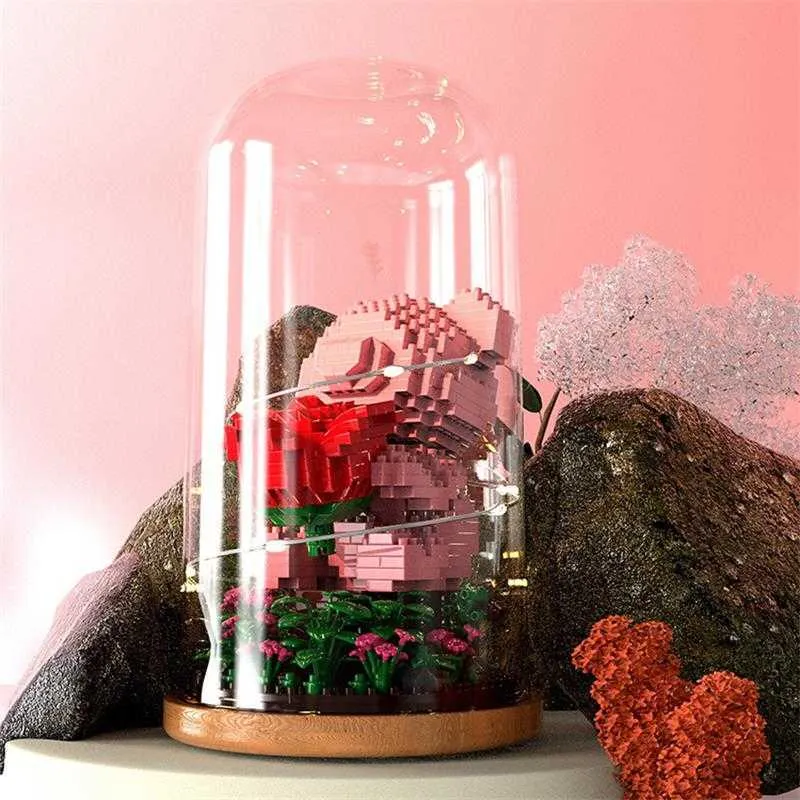 Blöcke DIY Micro Rose Bär Bausteine Spielzeug Glaskuppel Blumen mit Licht Romantische drehbare Bau Ziegel Dekoration für Mädchen R230720