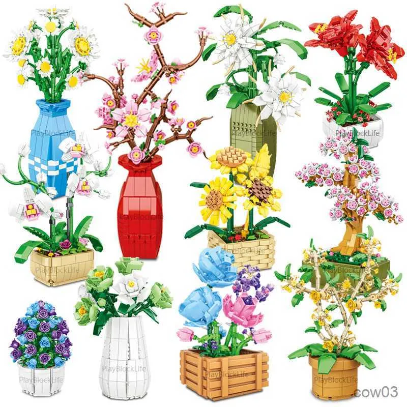 Bloks City Creative Flower Bonsai Ofis Ev Dekorasyon Yapı Blokları Tuğla Oyuncaklar Hediyeler R230720