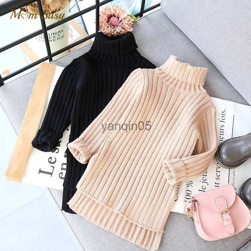 Pullover Baby Girl Knitted Ribbed Sweater Long Autumn Winter Spring Toddler Child Long Sweater Pullover Turtleneck Baby Clothes 2-7Y HKD230719
