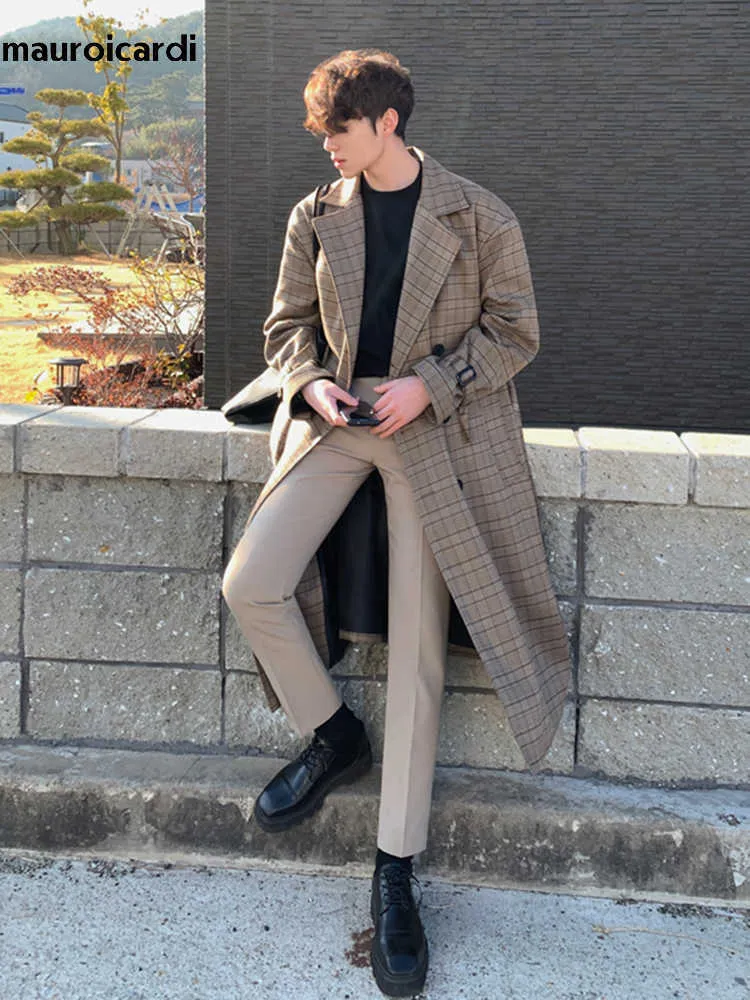 Men's Wool Blends Mauroicardi Autumn Winter Long Warm Loose Casual Colorful Plaid Woolen Coat Men Belt Double Breasted Luxury Korean Fashion 2023 HKD230718