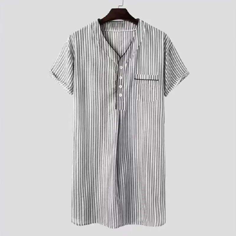 Camisas casuais masculinas com botão, decote em V, longa solta, muçulmana árabe, Dubai Toga, camisa de manga curta para baixo Vintage Lounge, uso doméstico 2023