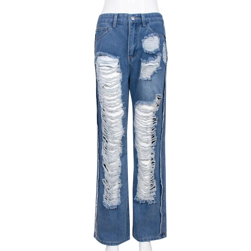 2023 Designer Ripped Jeans Women High Waist Straight Denim Pants Casual Distressed Holes Trousers Fashion Blue Pants Streetwear Bulk Wholesale Clothes 10030