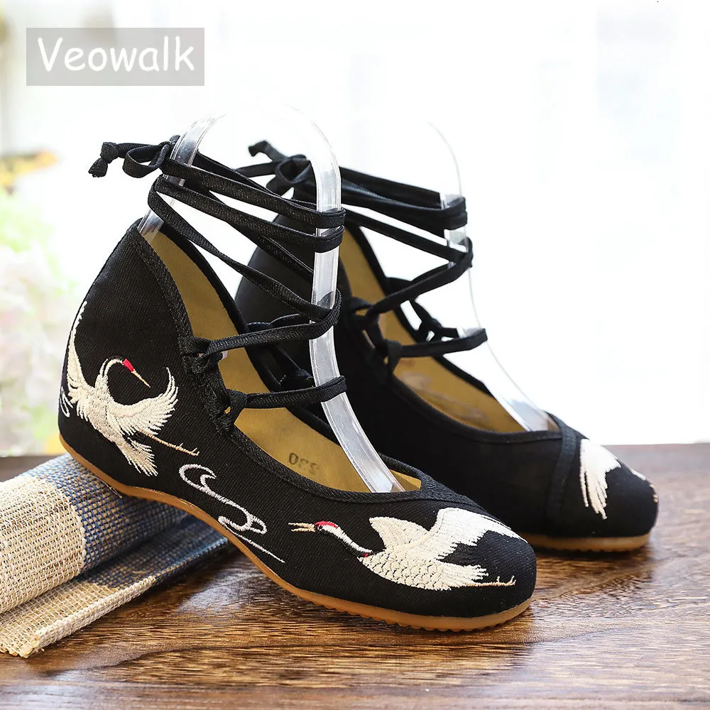 Veowalk Crane -jurk geborduurde vrouwen canvas vat uld strappy ballet splitsen Chinese stijl dames casual katoenen stoffen Emb