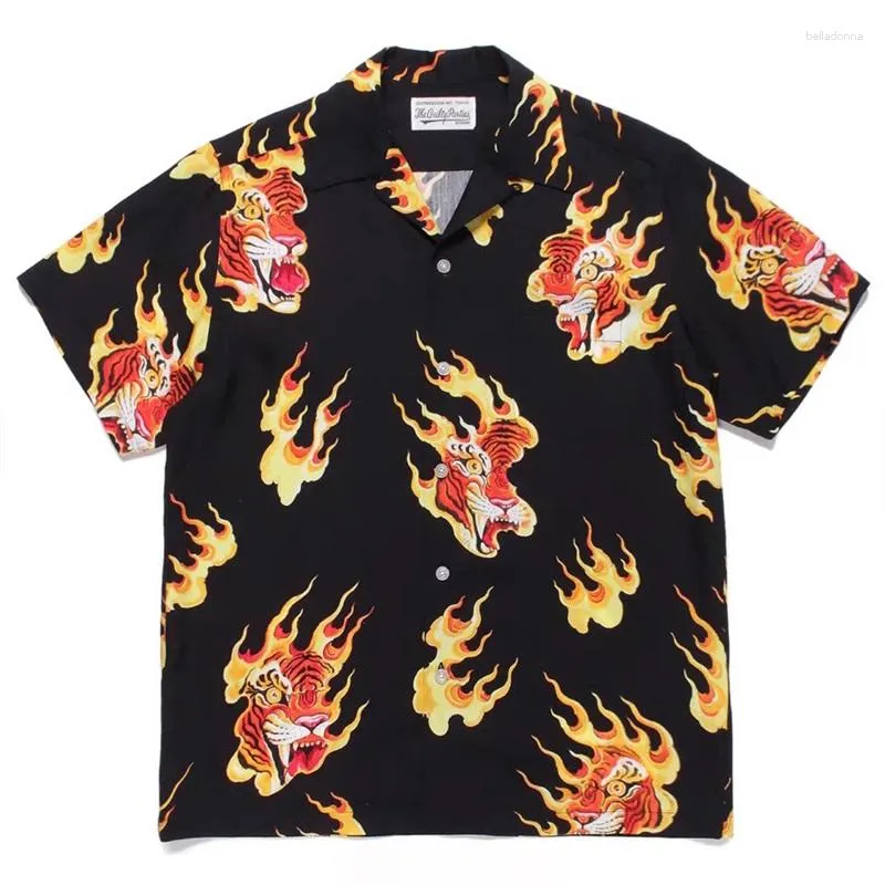 Chemises décontractées pour hommes Flame Tiger Graffiti WACKO MARIA chemise à manches courtes avec revers simple boutonnage Couple hawaïen ample