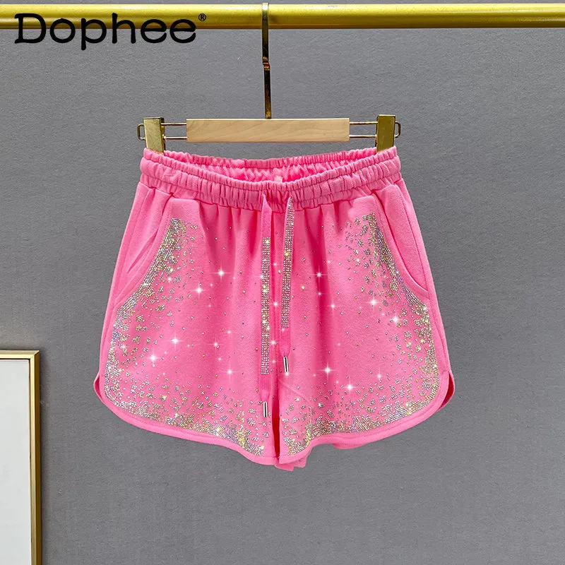 Femmes Shorts Doux Rose Diamant Large Jambe Femmes 2023 D'été Élastique Taille Haute Lâche Minceur Paillettes Casual Femme Pantalon 230719