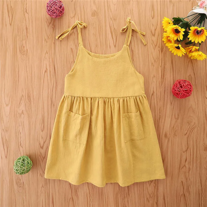 Girl's Dresses Summer Girl Dress Cotton Sleeveless Mustard Children Dress Kids Onepiece R230719