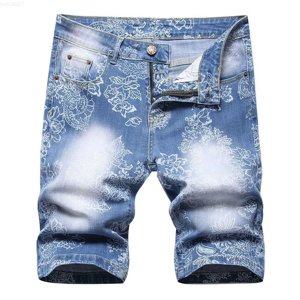 Herr shorts män digitala tryck denim shorts sommar blommor målade stretch jeans mode knä längd byxor l230719