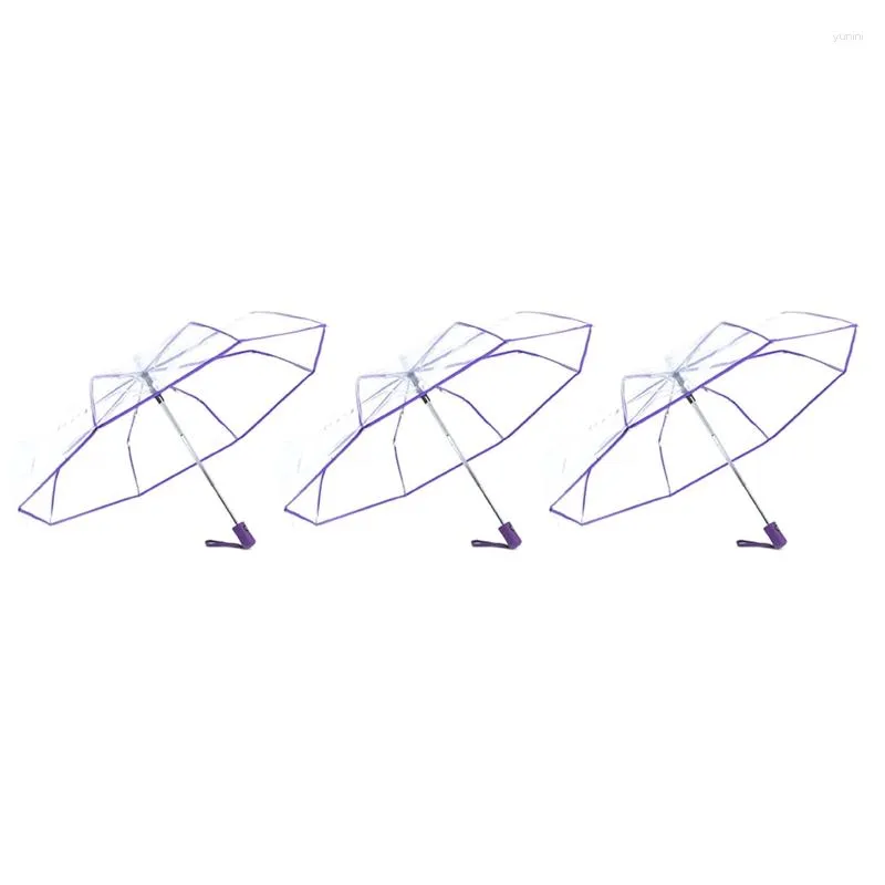 Parapluies 3X Transparent Parapluie Automatique Pluie Femmes Hommes Soleil Auto Violet Bordure