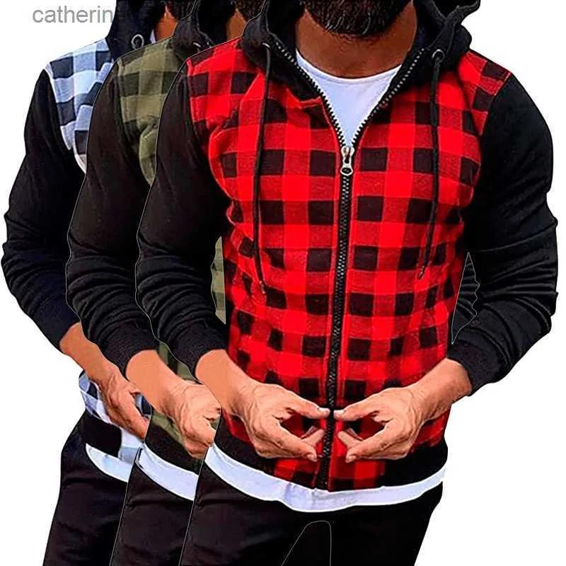メンズフーディーズスウェットシャツ新しい男格子縞のパッチワークフードスウェットシャツ因果シャツシャツコートジッパープラスサイズパーカーフーディースダデラホンブレムレトムT230719