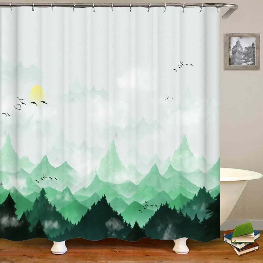샤워 3D 스타일의 풍경 인쇄 욕실 샤워 커튼 폴리 에스테르 방수 목욕 홈 장식 커튼 후크