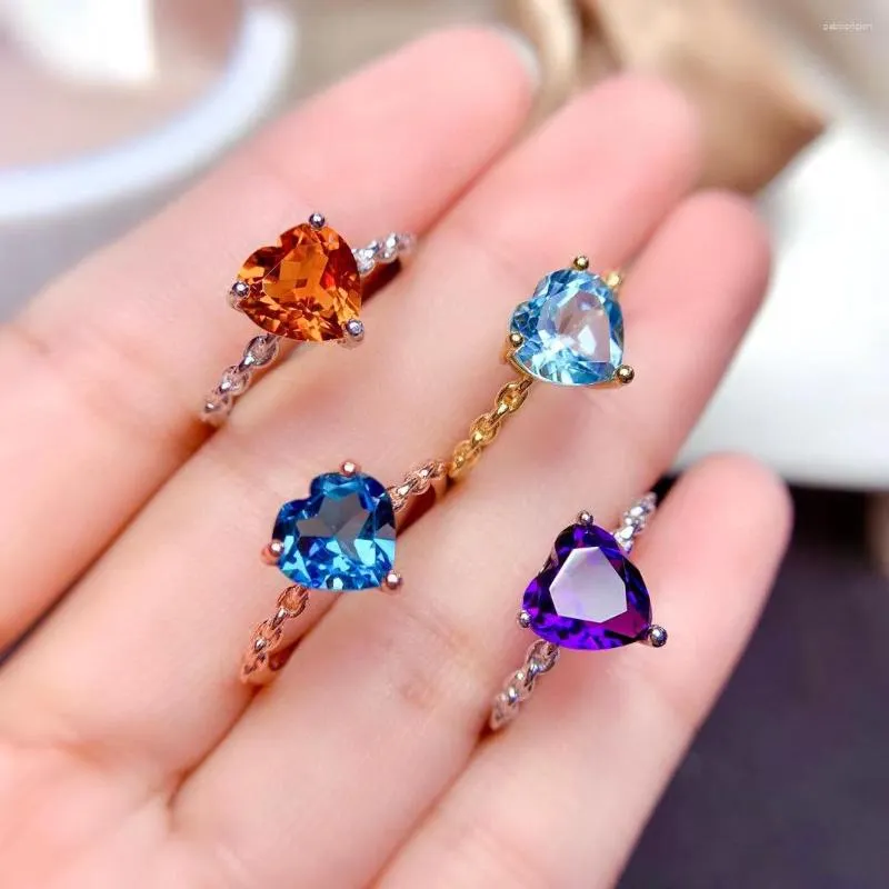 Cluster Rings 2023 Heart Style Colorful Gemstone Ring For Women Jewelry S925 Silver Natural Topaz Amethyst Citrine Lady Gift Birthstone