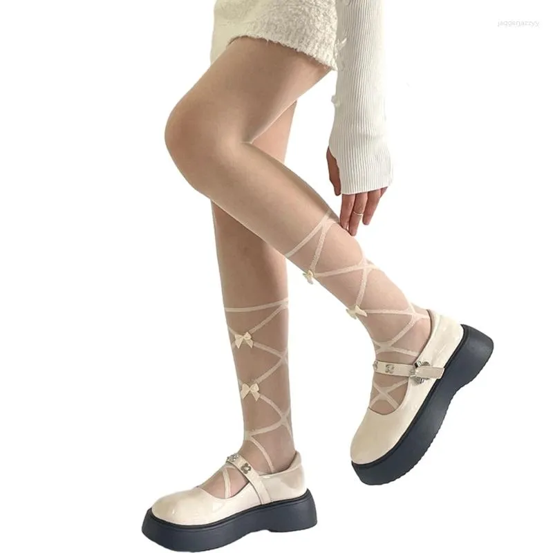 Femmes chaussettes bas haute serré Sexy Lingerie clair chaussette collants avec décor nœud papillon