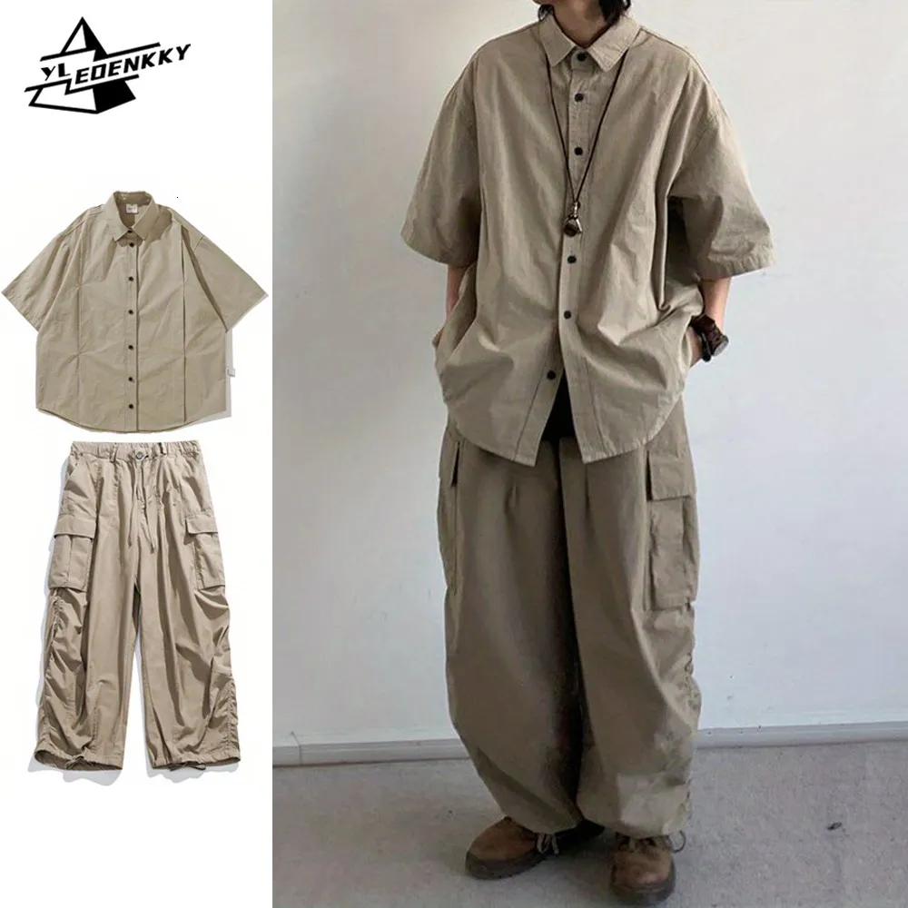 Mens Tracksuits Summer Löst montering Mens Solid Color Breattable Quick Torking Shirtvintage Multi Pocket Cargo Pants For Par Two Unisex Styles 230718