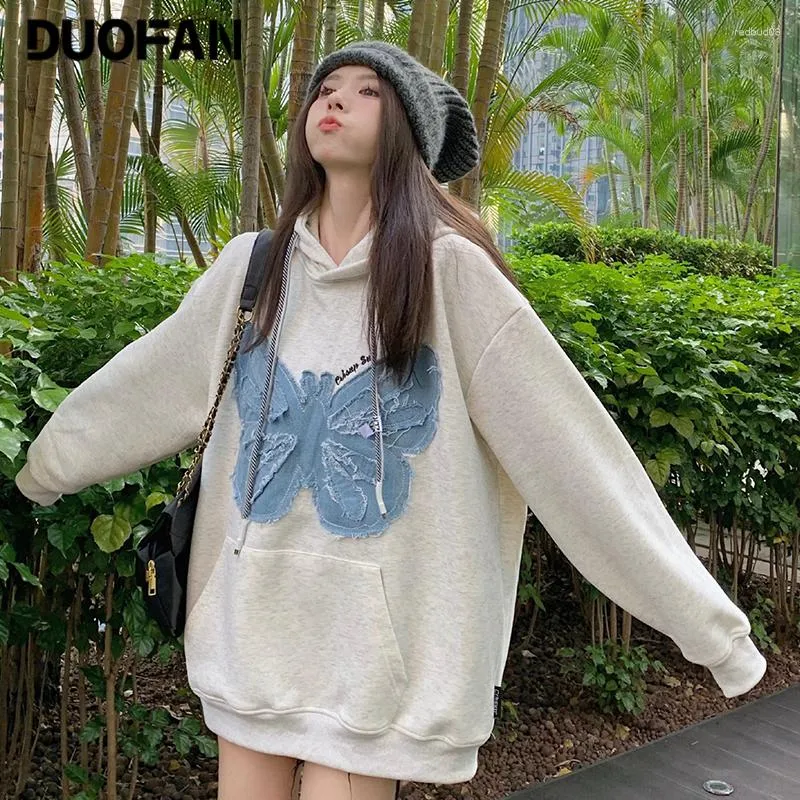 Women's Hoodies DUOFAN Women Streetwear Hoodie Hip Hop Hooded Sweatshirt Cowboy Butterfly Embroidery Autumn Winter Pullover Cotton Hipster